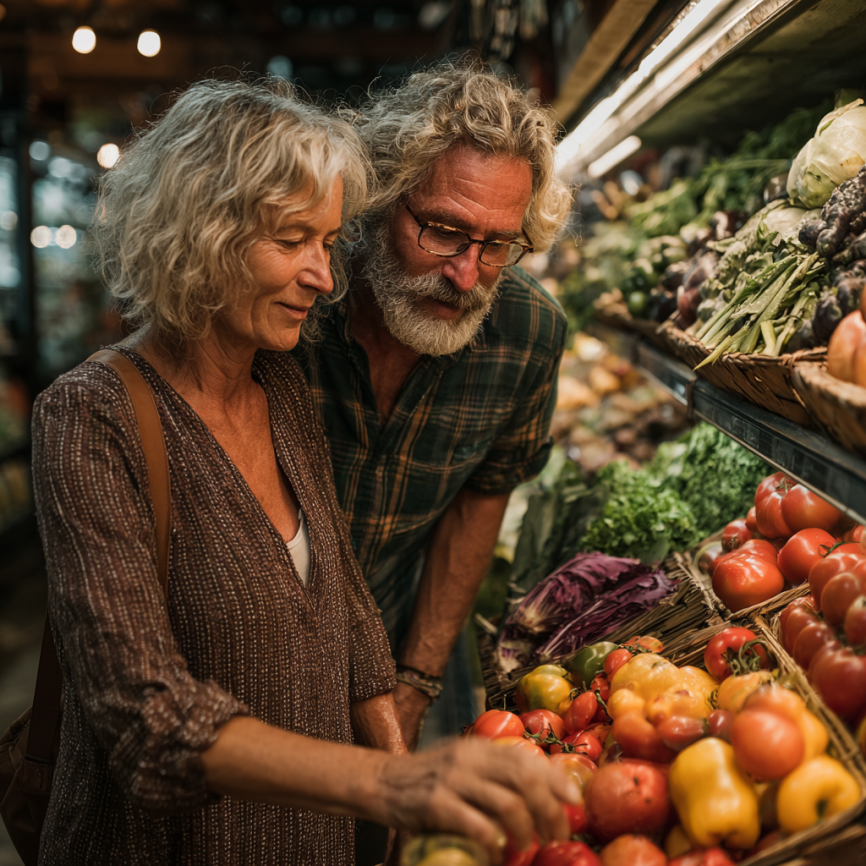 Възрастна двойка готви здравословна храна заедно